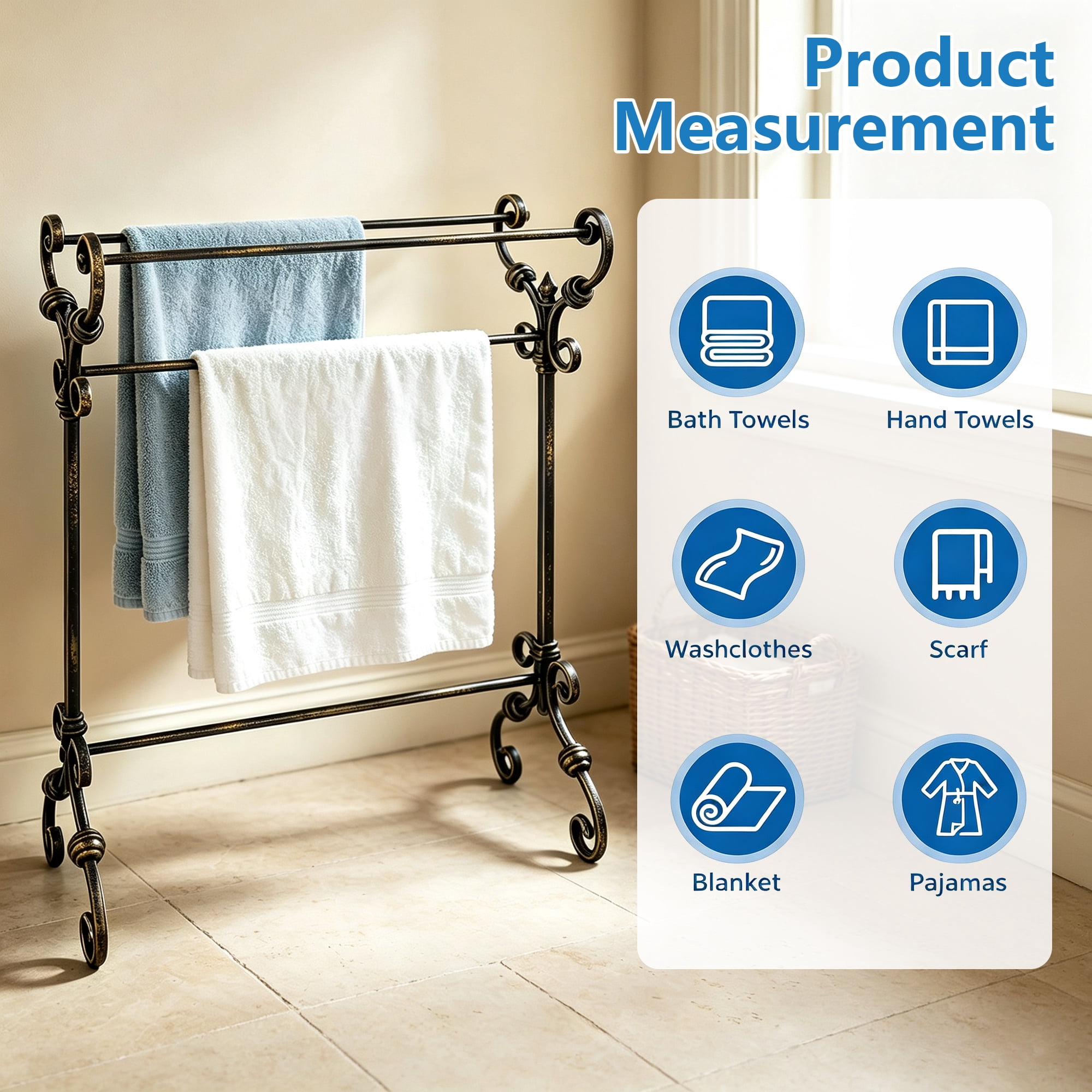 KOOL Antique Scroll Wrought Iron Freestanding Towel Rack, Free Standing Bathroom Towel Bar Stand, Rustproof Decorative Towel Drying Holder for Bathroom, Bedroom & Laundry Room