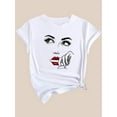 thumbnail image 3 of Camiseta con estampado artístico de labios rojos para mujer, cuello redondo, manga corta, tejido de punto de algodón con elasticidad media, para primavera/verano/otoño, ideal para practicar deporte., 3 of 6