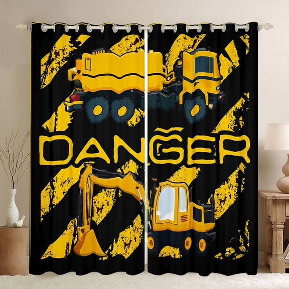 Homewish Cartoon Truck Boys Black Out Curtains, Black Yellow Car Curtains Pack of 2 (42x63 Each), Construction Vehicle Bedroom Curtains, Living Room Curtains Decor