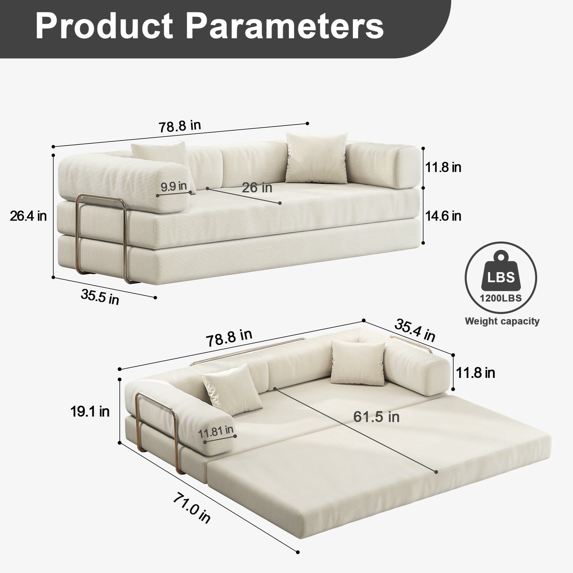 79" Convertible Sofa Bed ,CARZZI LIFE Compressed Floor Boneless Couch Modular Corduroy Sleeper Sofa, Folding Mattress Couch for Small Spaces - No Assembly Needed in Beige with Storge