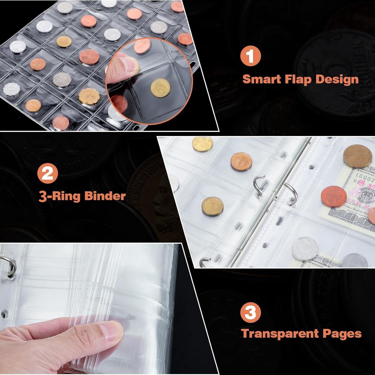 Coin Collection Book,Coin Holder Album for Collector,Fireproof Coin Organizer,Coin Collection Storage Box Case with 360 Pockets Coin Organizer Sleeves & 36 Currency Sleeves for Coin Pennies Money