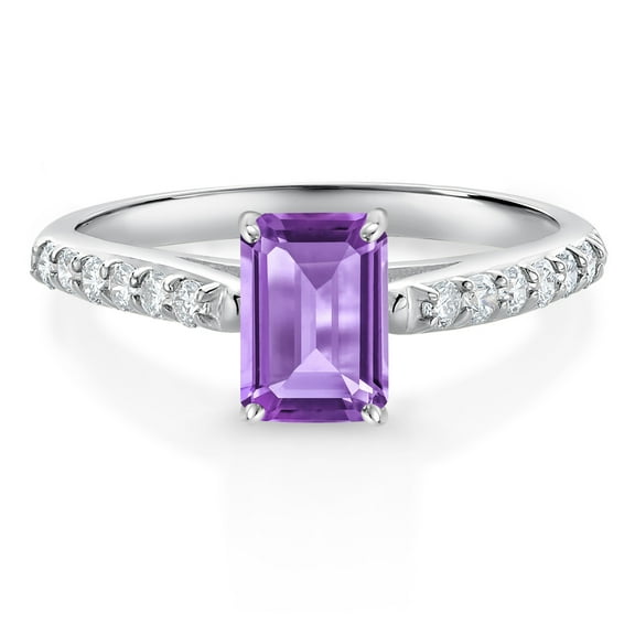 Gem Stone King 1.13 Ct Octagon Purple Amethyst G/H Lab Grown Diamond 10K White Gold Engagement Ring (Size 7)
