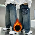 thumbnail image 2 of XUELUO Little Boys Jeans Oversized Word Pattern -Lined Wide-Leg Denim Trousers Warm Comfortable Winter Fashion Kids Pants, 2 of 9