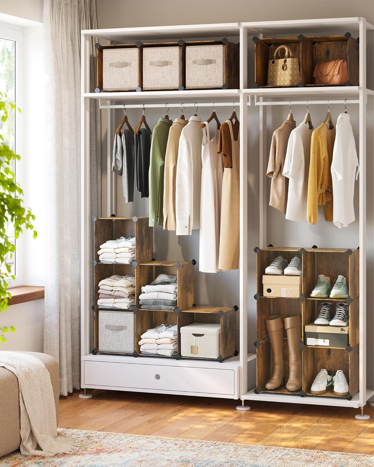 Nordic Hygge Set of 16 Plastic Cubes, Book Shelf, Closet Organizers and Storage, 12.2 x 48.4 x 48.4 Inches, Rustic Brown
