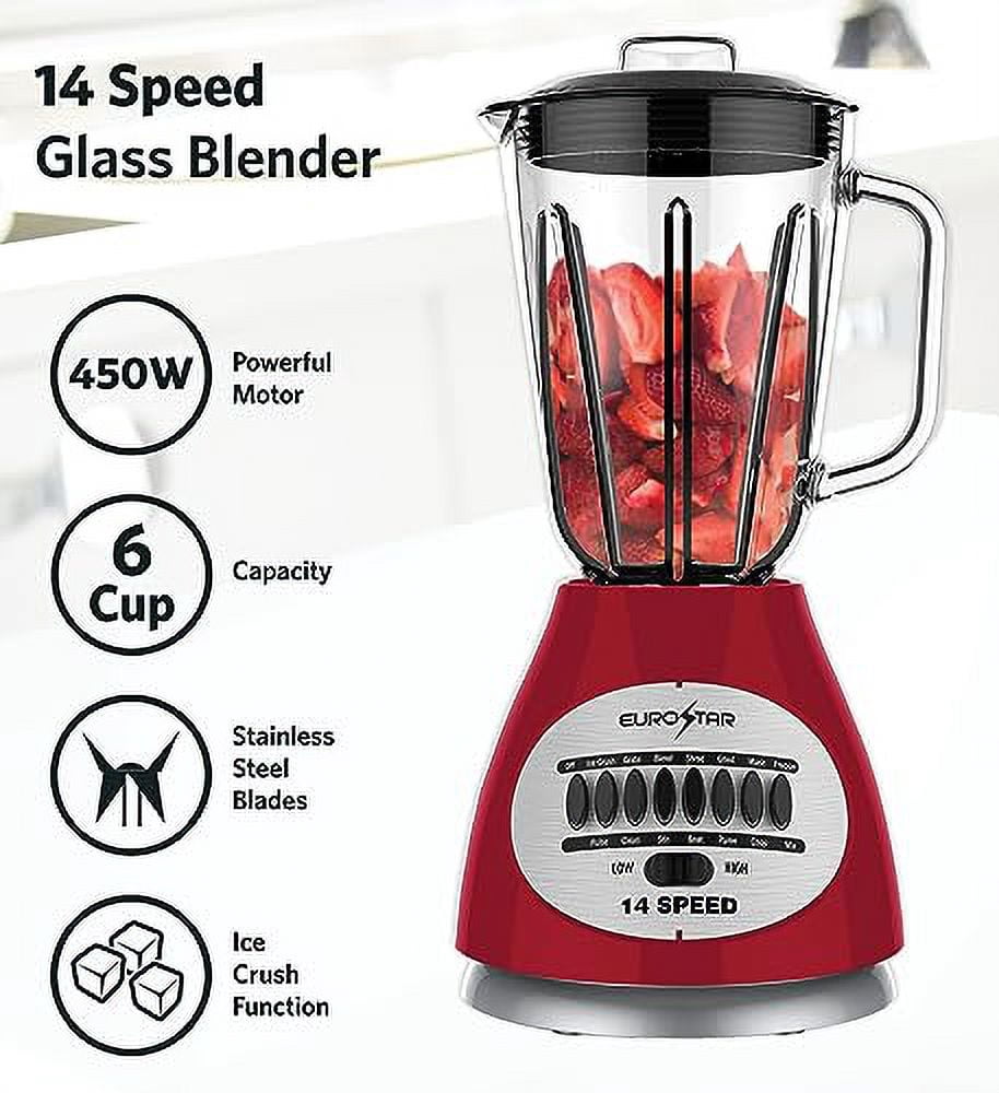 EUROSTAR EBL921GRD 450W 14-Speed Glass Jar Blender, Red