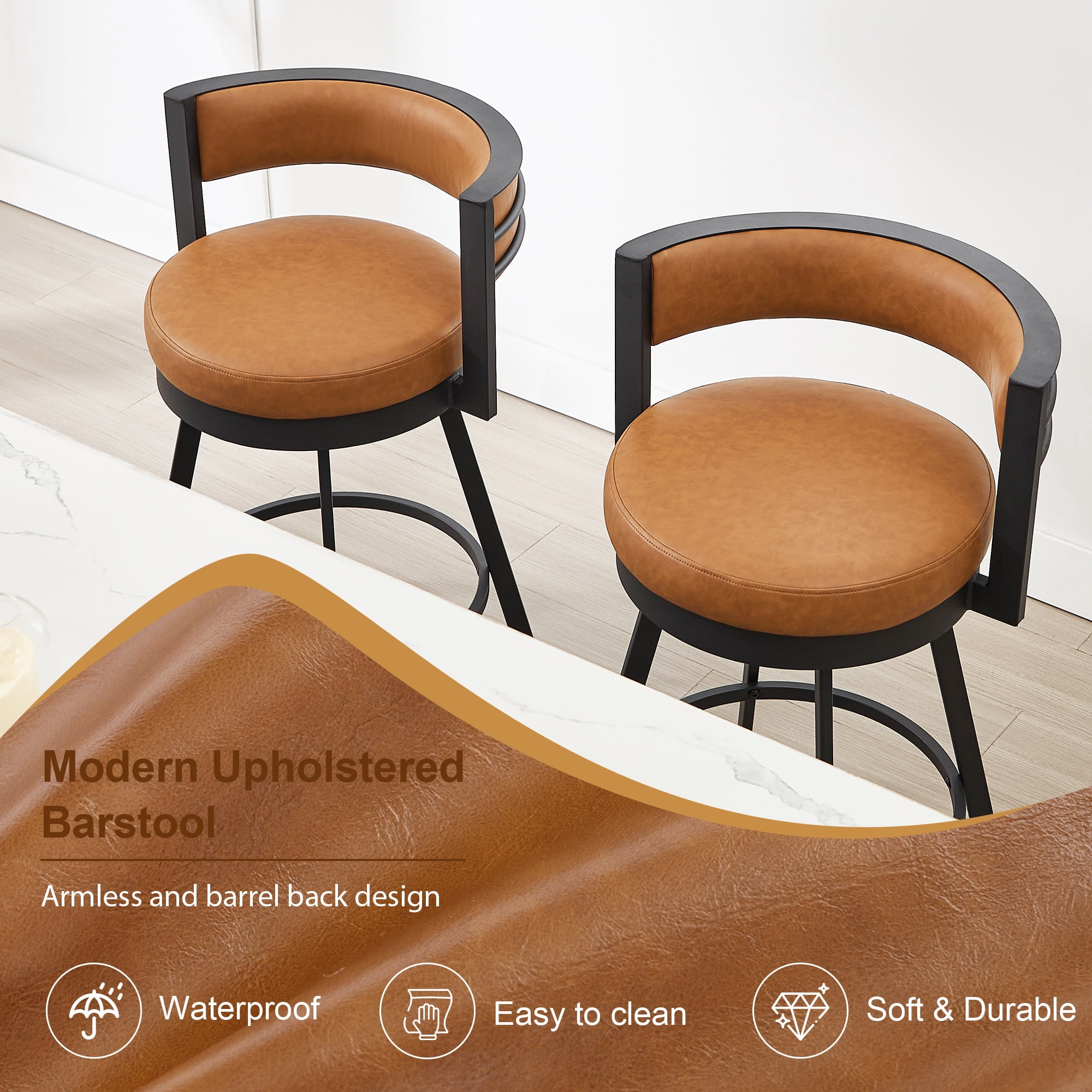 Zesthouse 26.6″ Swivel Bar Stools Set of 2, Faux Leather Upholstered Counter Height Chairs with Barrel Back & Matte Black Metal Legs, Modern Barstools for Kitchen Island, Brown
