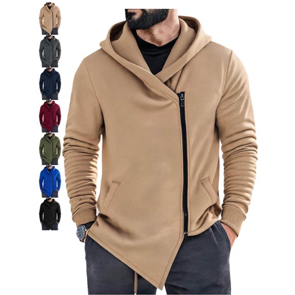 Casual Asymmetric Zip Jackets for Men Hooded Long Sleeve Slim Fit Going Out Jacket