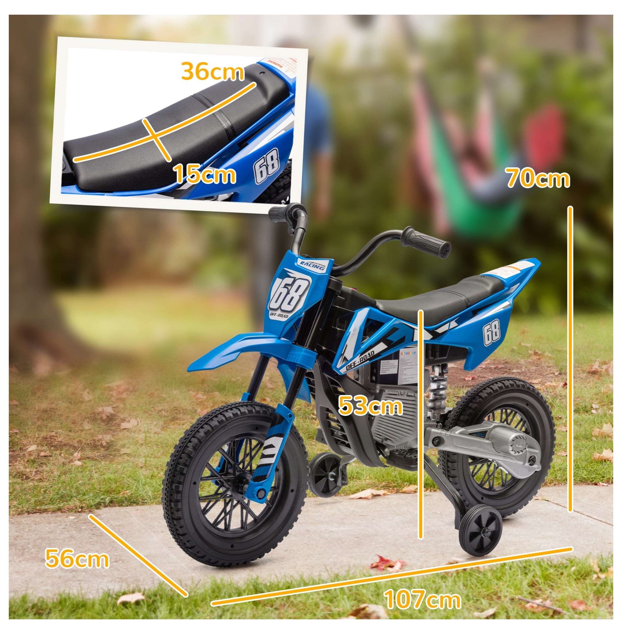 Qaba Kids Dirt Bike with Twist Grip Throttle, 12V Electric Motorcycle, Electric Bike for Toddler with Training Wheels, Rear Suspension & Music, Blue