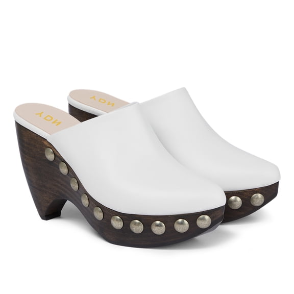 YDN Women Closed Toe Studded Clog Mules Slip on Platform Chunky High Heels Daily Dress Casual Slide Pumps Size 7 White