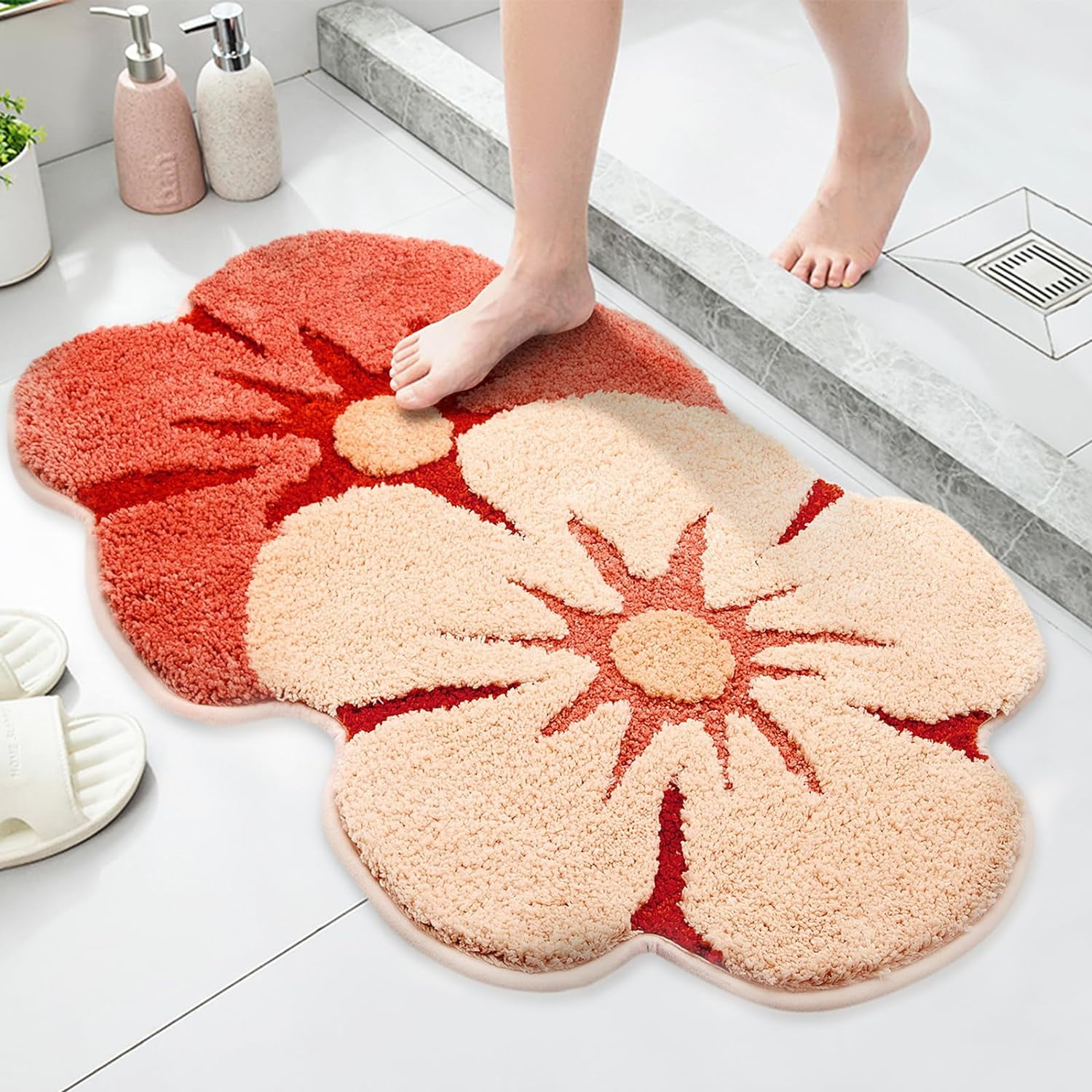 Bath Mat, Cute Flower Bathroom Rugs with Soft Thickened Microfiber, Absorbent Quick Dry Non Slip Bathtub Floor Mat, Machine Washable Plush Shaggy Decor Mat for Shower Doorway 18x28 Inch