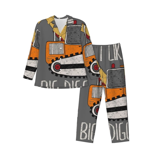 Fotbe I Like Big Digger Pijama de Hombre con Estampado de Manga Larga, Conjunto de 2 Piezas, Ropa de Dormir Suave y Cómoda con Bolsillos-Large