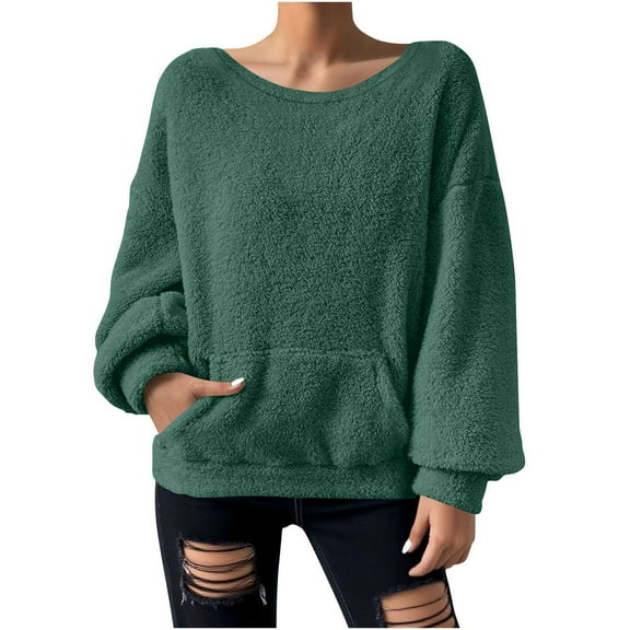 Women Fleece Sweatshirt Lightweight Warm Crew Neck Long Sleeve Hoodies Loose Fall Fashion Pullover Tops with Pockets Green XXXXL