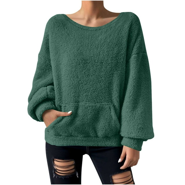 Yuyuzo Chandails en Molleton pour Femmes, Duveteux, Coupe Ample, Col Rond, Manches Longues, Chandail à Enfiler, Mode d'Automne, Hauts de Chandail avec Poches