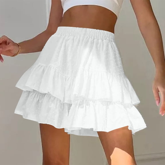 Gamivast Linen Skirts for Women High Waisted Tiered Ruffle Mini Skirt Elastic Waist Flowy Boho Skirt Festival Skirt Asymmetrical Hem Going Out Vacation Summer White S