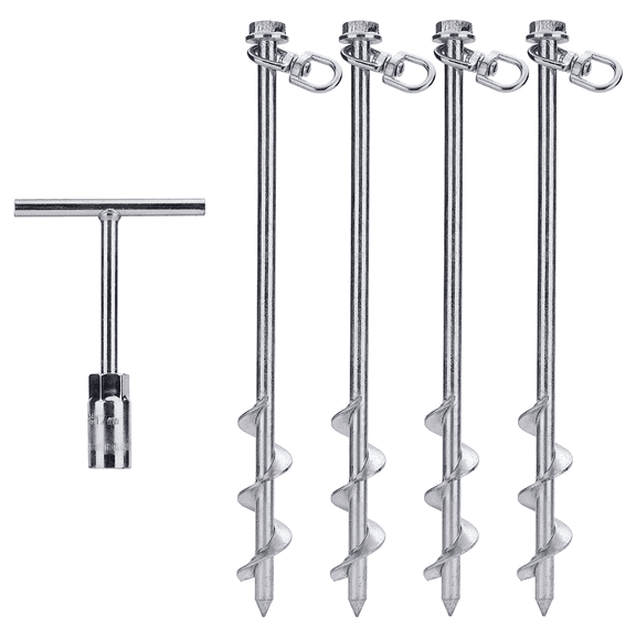 Ground Anchors Screw In - 12" Set of 4 with T-handle Wrench - Tent Stakes Heavy Duty - Trampoline Anchor Kit - Earth Anchor - Swing Set Anchors for Metal Swing Set - Shed Anchor Kit - Tree Stakes