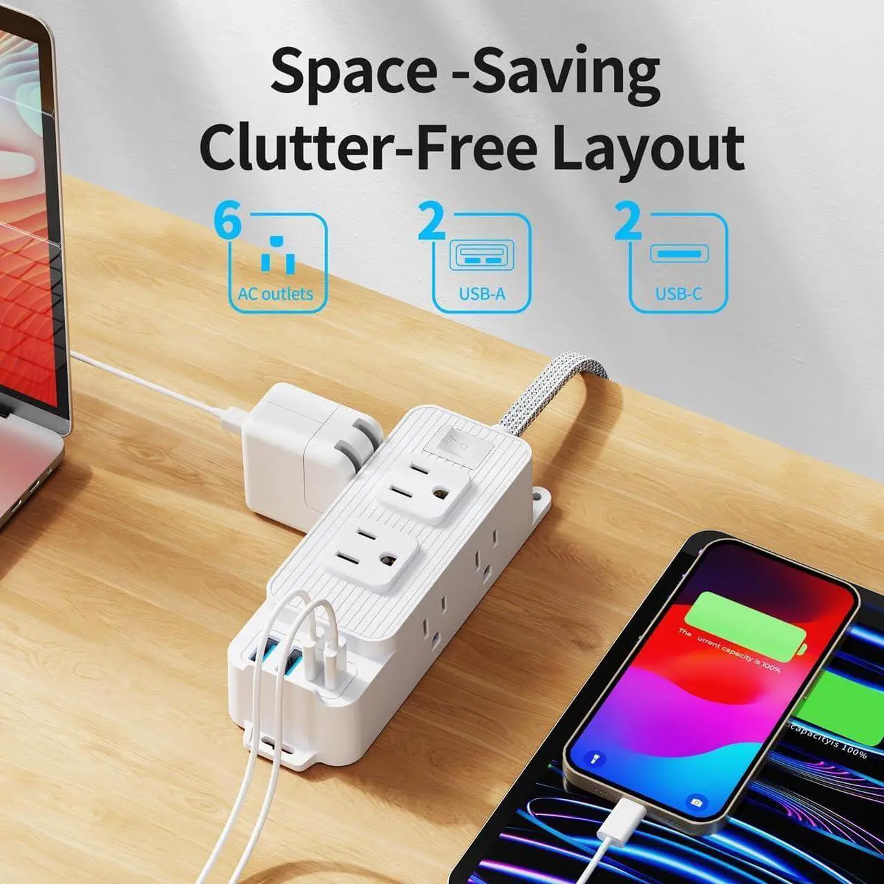 Power Strip Surge Protector - 6 Outlets and 4 USB (2 USB C), 5Ft Braided Cord with Ultra Thin Flat Plug, Wall Mount, 3-Side Outlet Extender, Compact for Travel, Cruise Ship, Dorm Room