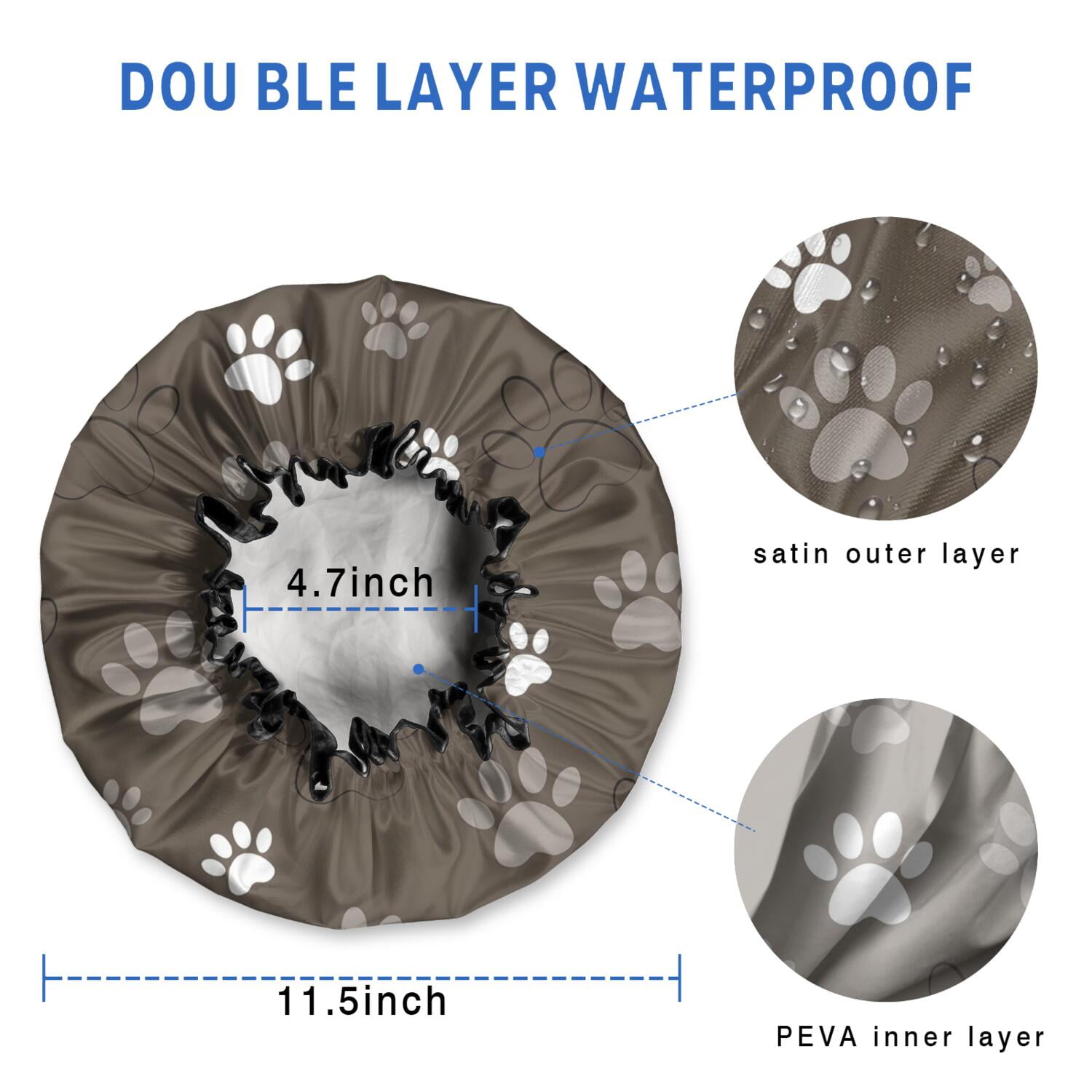 Shower Caps,Brown Dog Paw Footprint Waterproof Shower Cap for Women 4 Pieces,Double Reusable Hair Cover for Shower PEVA Elastic Stretch Hem