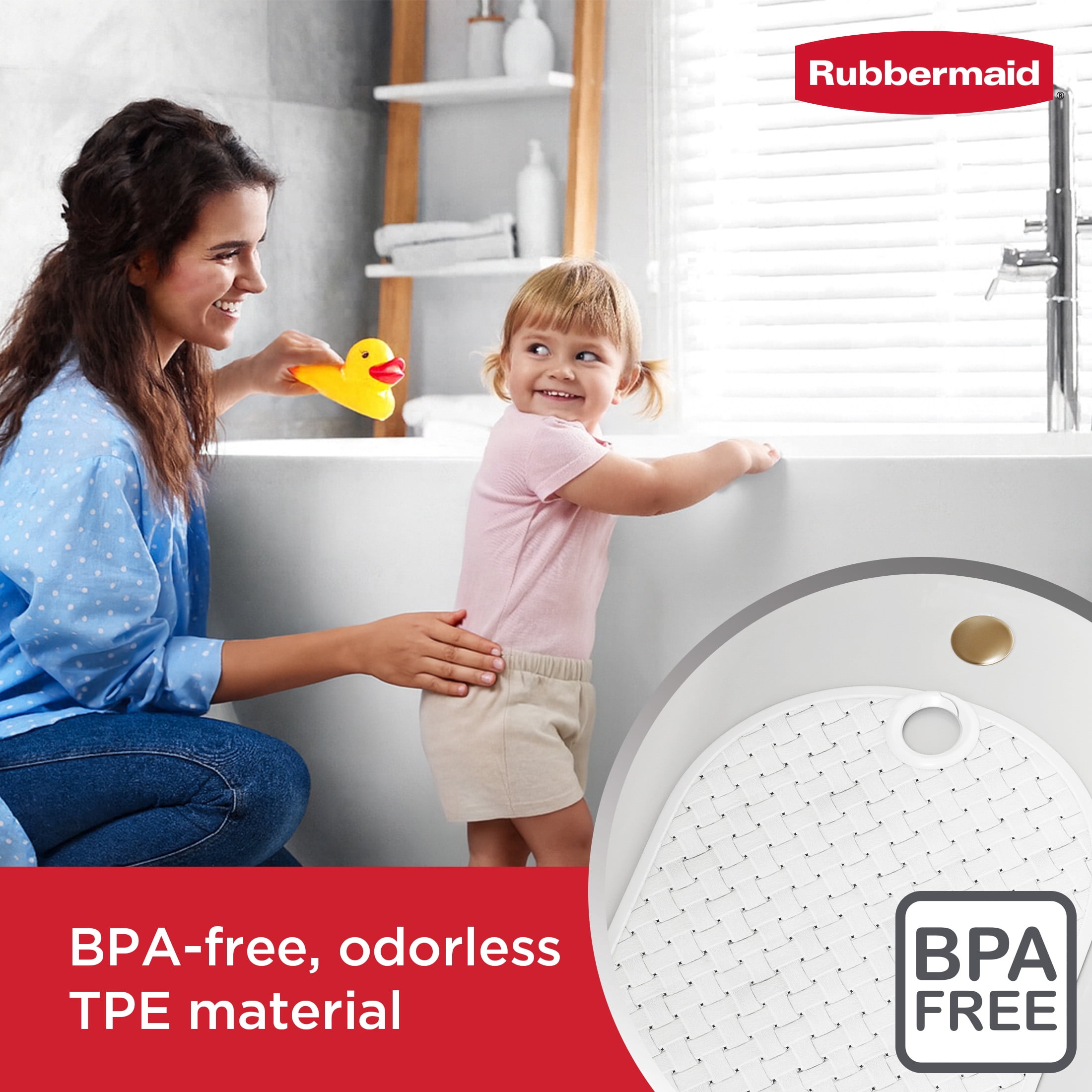 Rubbermaid Instamat White Tub Mat - Non-Slip Bath Mat Hangs on Showerhead for Quick Drying, BPA-Free TPE, 27.2" x 15.2"