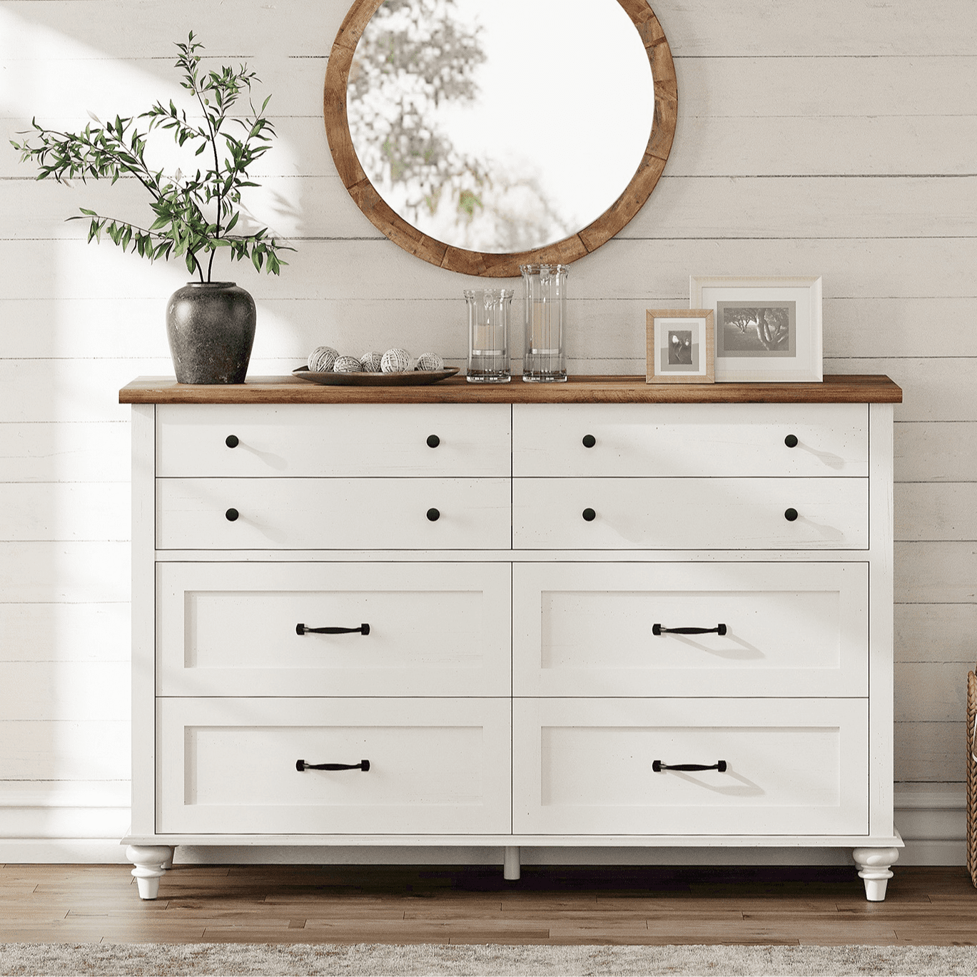 Mid Century Dresser with 8 Drawers, Wooden Kids Dresser for Kids Room Living Room, White