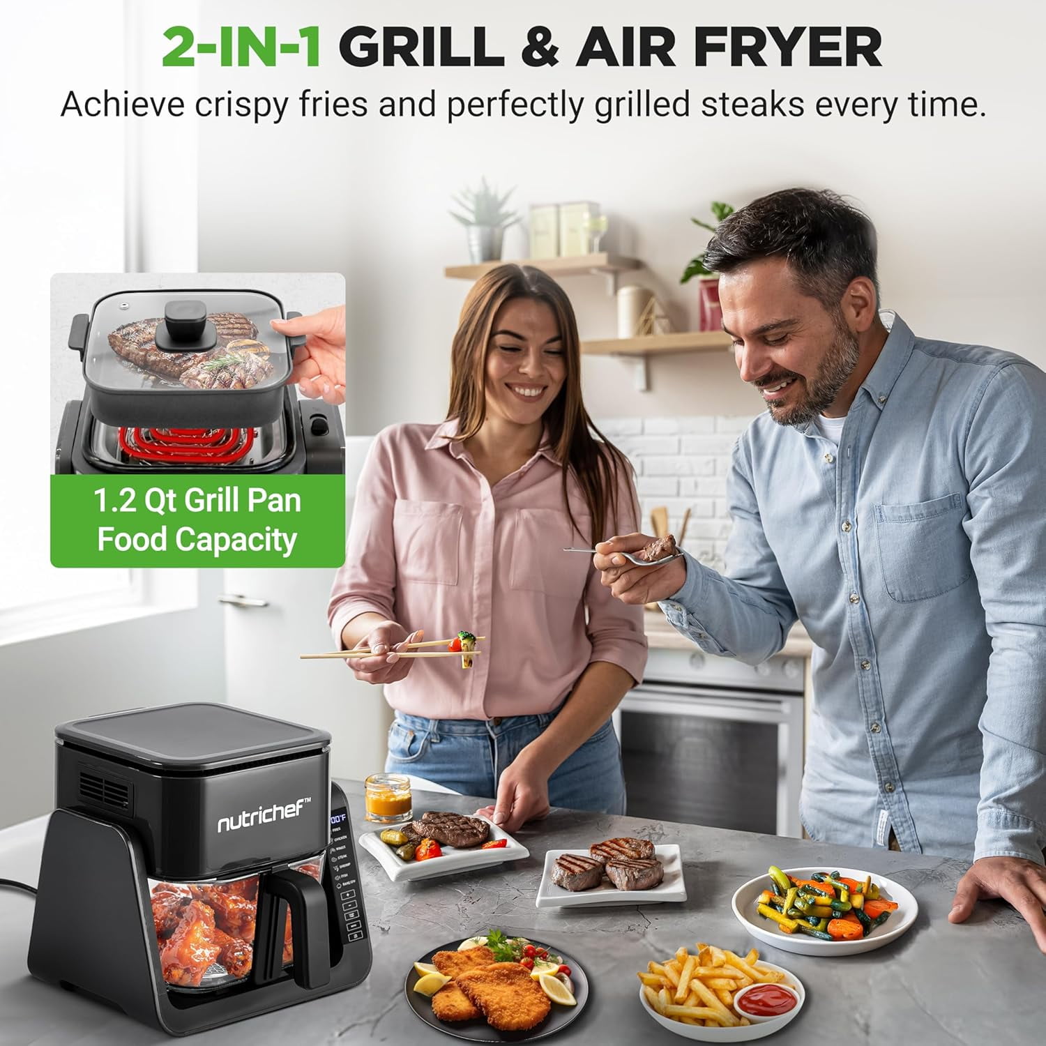 NutriChef 4QT Air Fryer & Grill Combo, 7 Preset Cook Modes, Transparent Glass Fry Bowl, 1.2QT Grill, Black