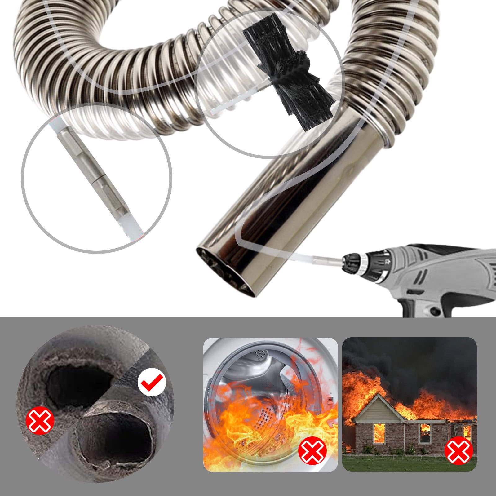 Dryer Vent Cleaning Kit with Flexible Nylon Rods, 6-Piece Drill Powered Chimney Sweep Brush Set for Duct Lint Removal and Exhaust Port Cleaning for Home Kitchen Laundry Room