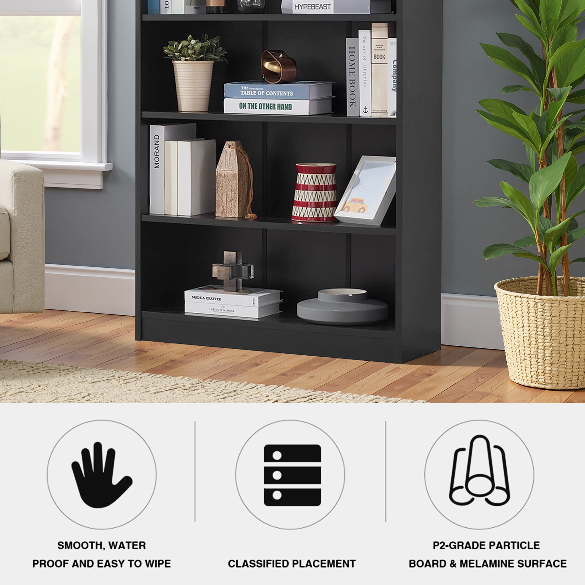 MAYEERTY Black 4-Shelf Modern Wood Bookcase, 48" Tall, for Bedroom, Living Room, and Manga Library