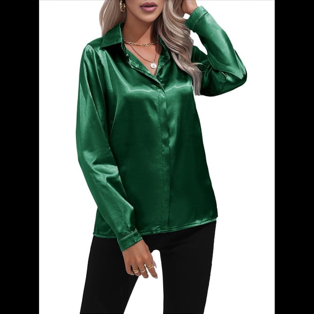 Blusas de Satén para Mujer, Informales, de Larga, con Botones, Elegantes, para Trabajo y Negocios Verde Oscuro M