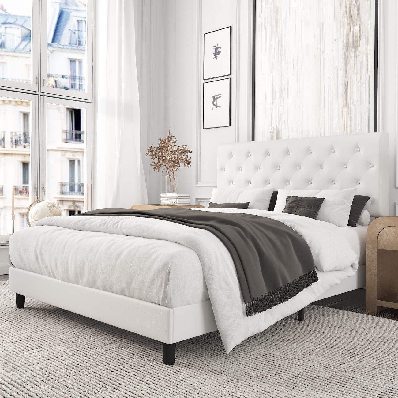 Amolife Queen Bed Frame with Adjustable Headboard, Diamond Button Tufted Style, White