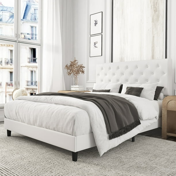 Amolife Queen Bed Frame With Adjustable, White Leather Queen Bed Frame