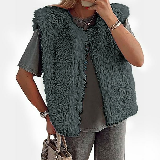 Blusa informal sin mangas y sin capucha para mujer, estilo abrigo y chaquetas, de imitación de lana, corta, cálida, de invierno, con abertura frontal.