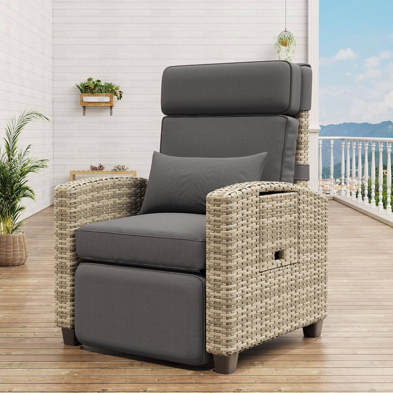 IdealHouse Reclining Patio Chair with Flip-Up Side Table - 150° Adjustable Backrest & Footrest, All-Weather Wicker Steel Frame, Olefin Cushions