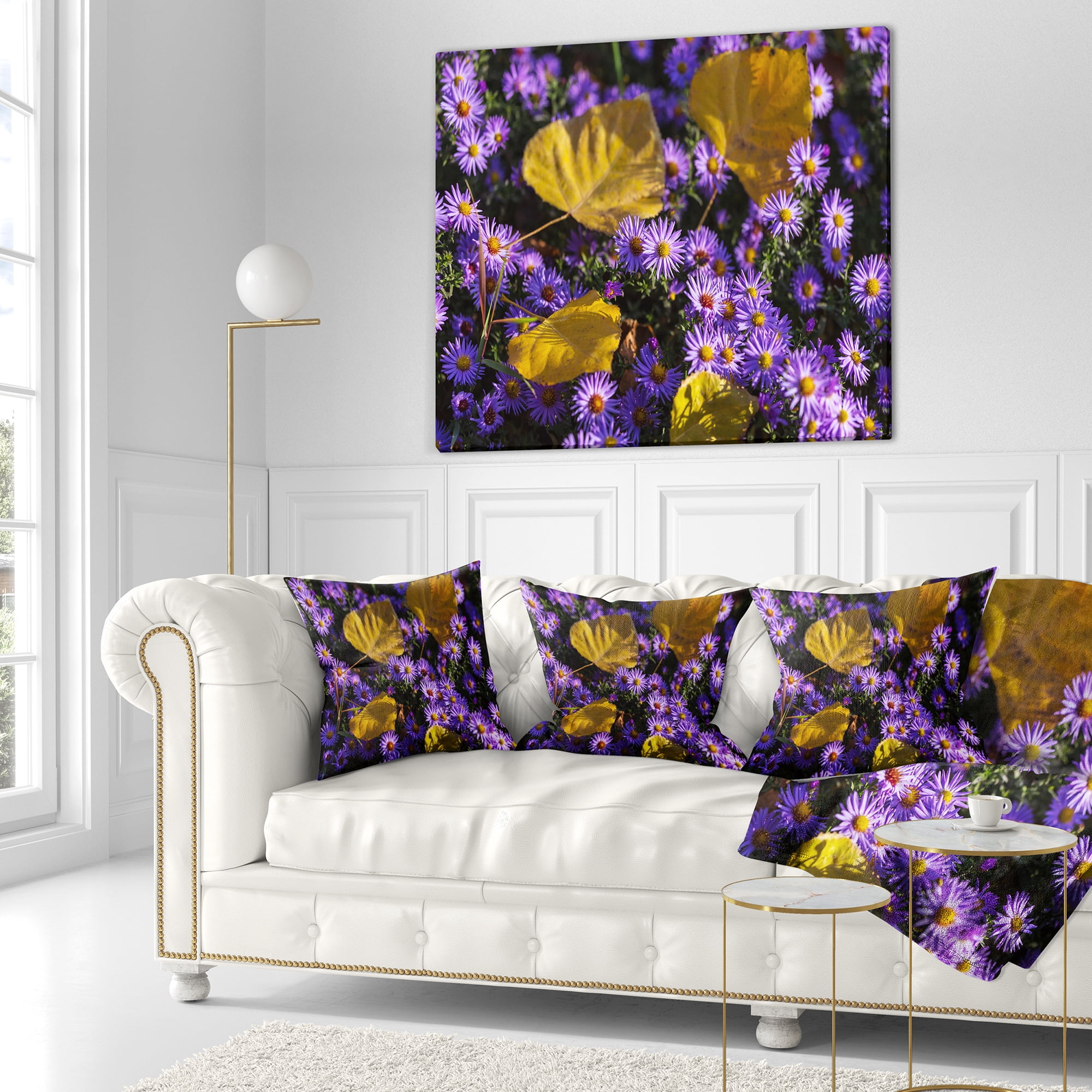 Designart Little Purple Flowers and Yellow Leaves - Floral Throw Pillow - 16x16