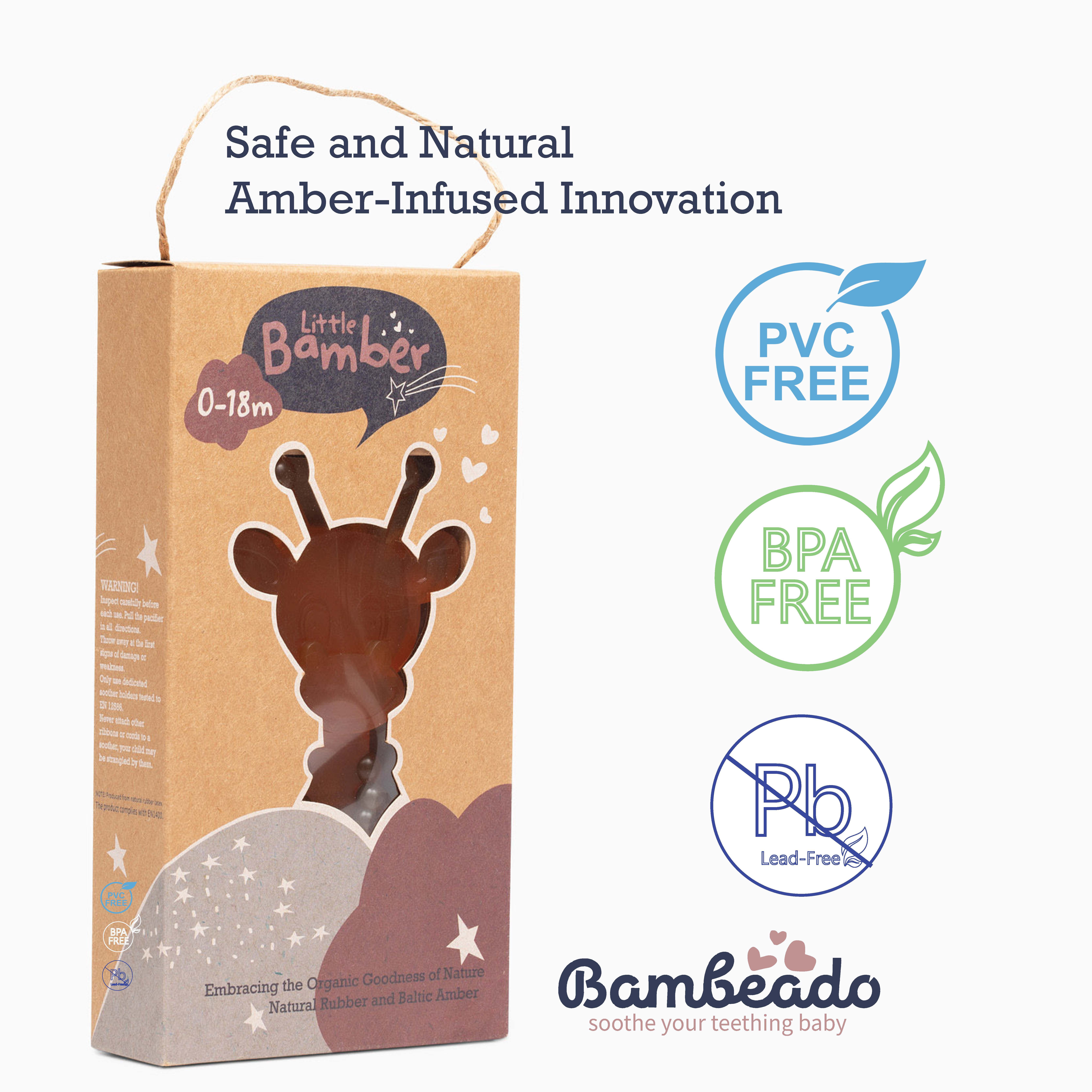 Bambeado Rubber and Amber Baby Teether Toy - 100% Natural Baltic Amber Infused Rubber Giraffe Teething Toy (Pink)