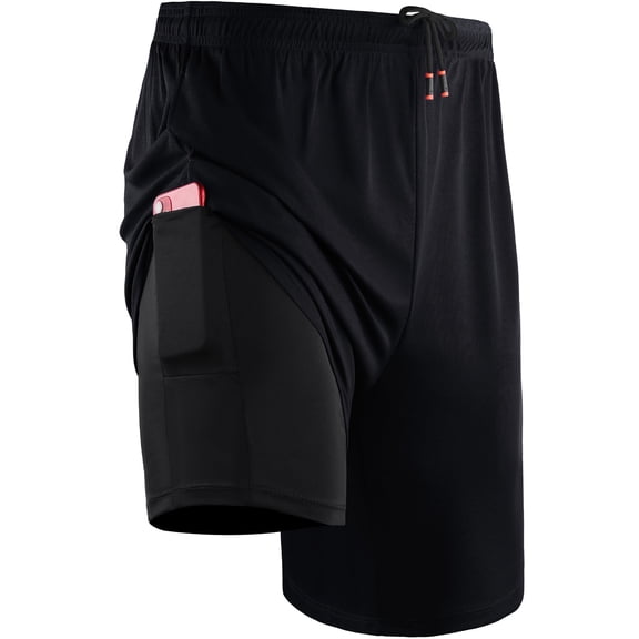 Cadmus Mens 2-in-1 Dry Fit Running Shorts with Liner, 9" Inseam Gym Basketball Shorts, Deep Pockets,#50, Black,XL
