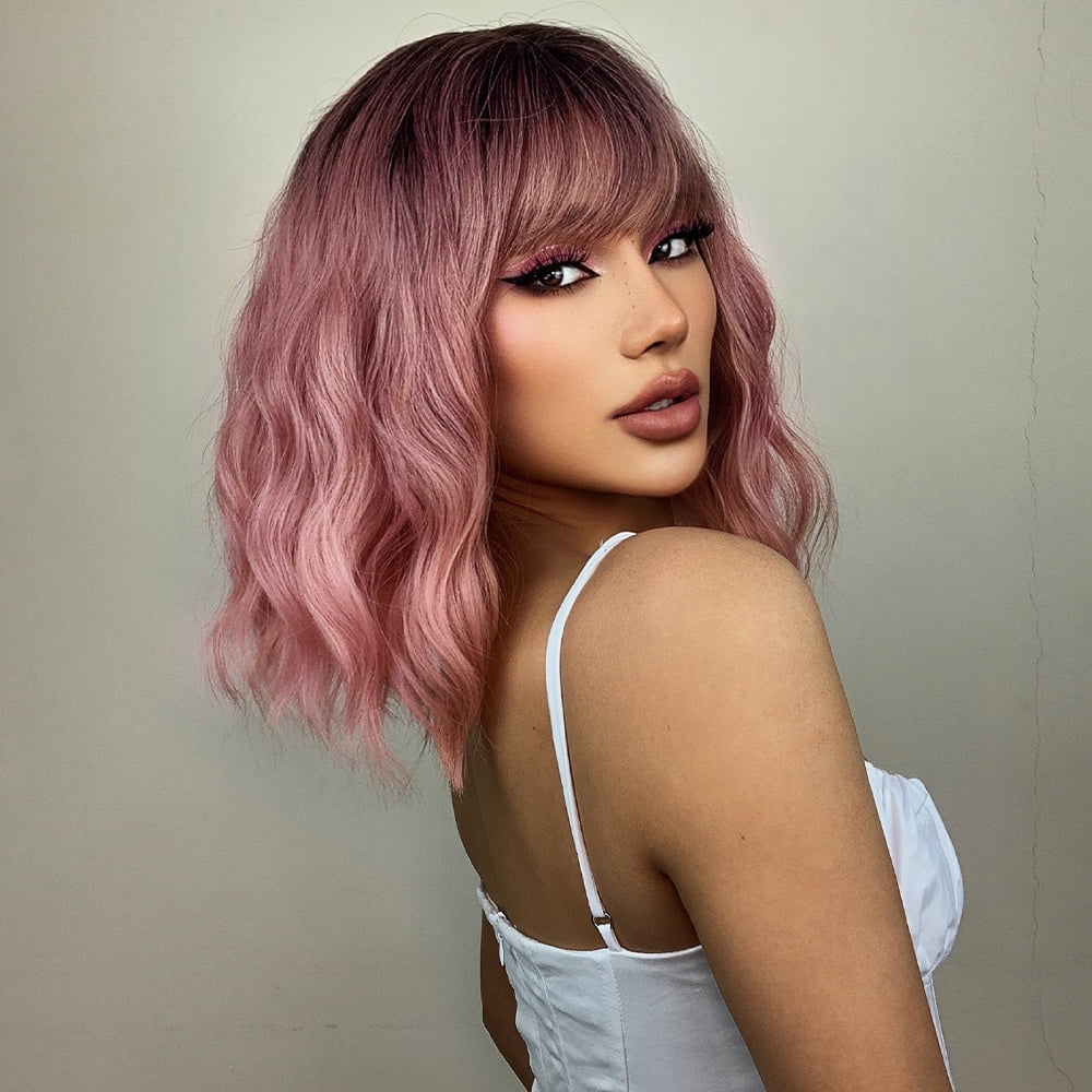 RightOn Short Ombre Pink Wig Black to Pink Wig Short Curly Wavy Pink Wig with Bangs Pink Bob Wigs Heat Resistant Synthetic Wigs