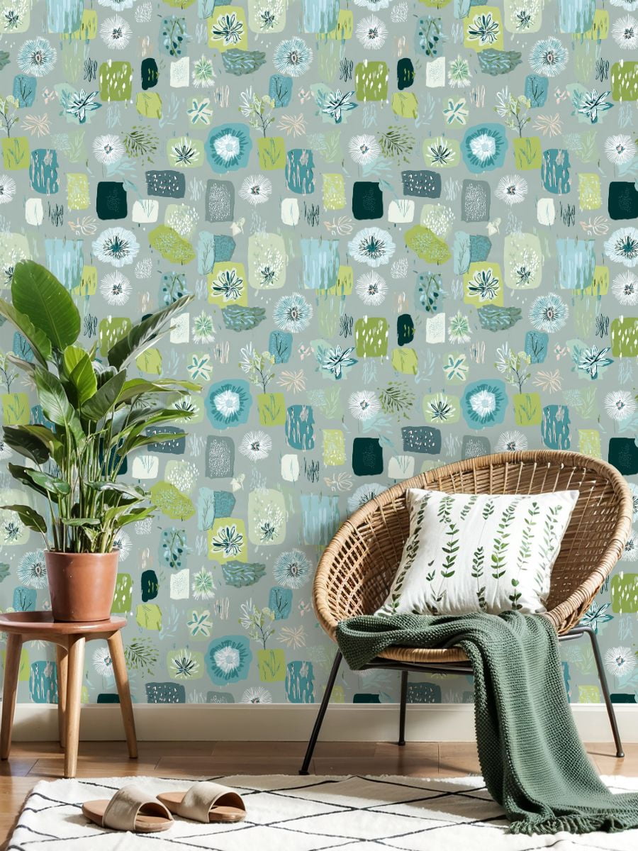 Sage Green Peel and Stick Wallpaper Abstract Botanical Green Blue Floral Elements Wall Mural 23.6in x 9.8ft Self Adhesive Removable Wall Paper Renter Friendly Wallpaper for Girls Bedroom Livingroom