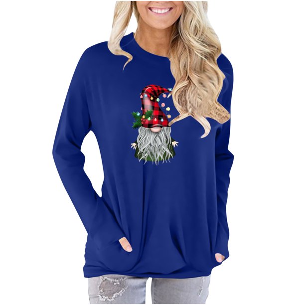 Camisas Navideñas Para Mujer, Camisetas de Manga Larga, Blusa Pulóver Fruncida de Cuello Redondo Con Estampado de Moda Erógena Informal Odeerbi ODB201923