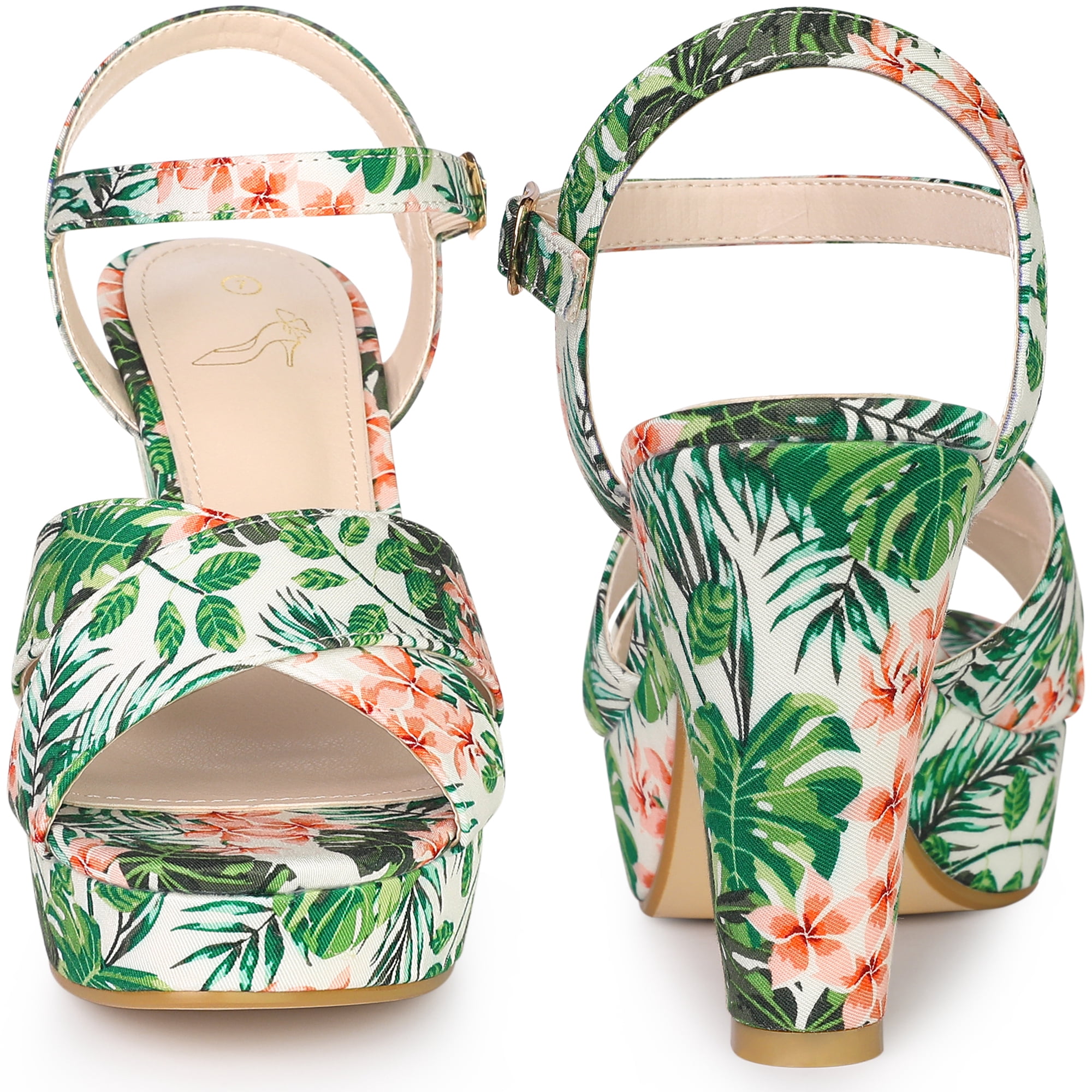 DARING DIVA Women's Floral Print Platform Block Heels SandalsGreen 10