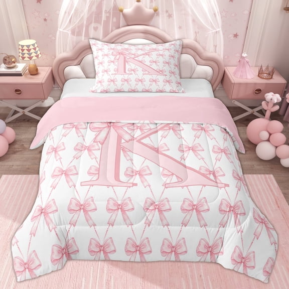 Erosebridal Monogrammed K Kid Twin Comforter Sets, Cute Bowknot Bedding Set, Pink Reversible, 2 Pieces