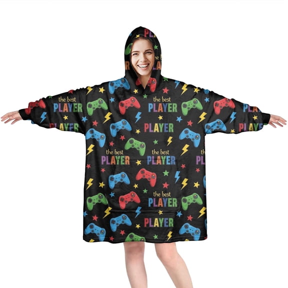 Wearable Oversized Blanket,Multicolor Controllers Games Icons Black Pattern Wearable Blanket Hoodie for Adults,Cozy Hooded Blankets with Super Pockets,Super Warm Fuzzy Pullover for Women & Men