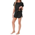 thumbnail image 2 of INSPIRE CHIC Womens Satin Silky Pajama Set Short Sleeve Crew Neck Front Pocket Top and Drawstring Shorts Sleepwear S Black, 2 of 5