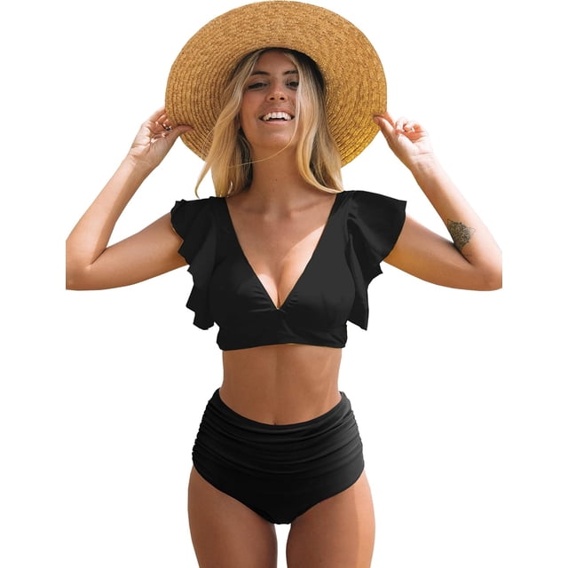 Traje de baño de dos piezas con cintura alta y volantes para mujer, bikini push up con estampado tropical