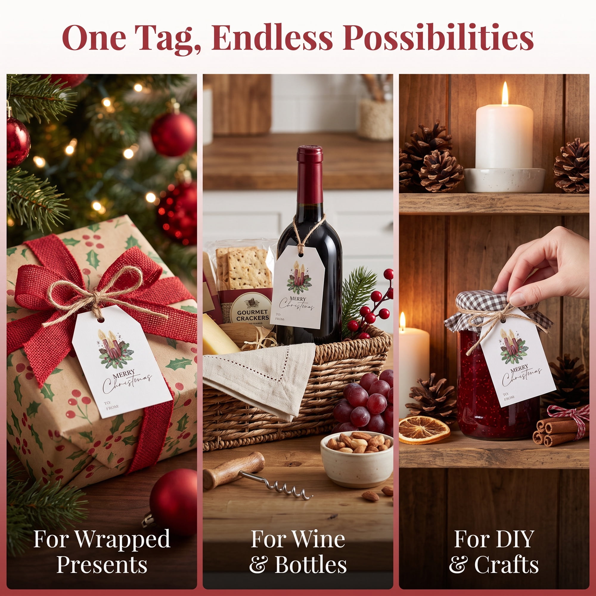 Unique Bargains 100Pcs Thick Gift Wrapping Tags with Twine Candle Wreath 2" x 3.1"