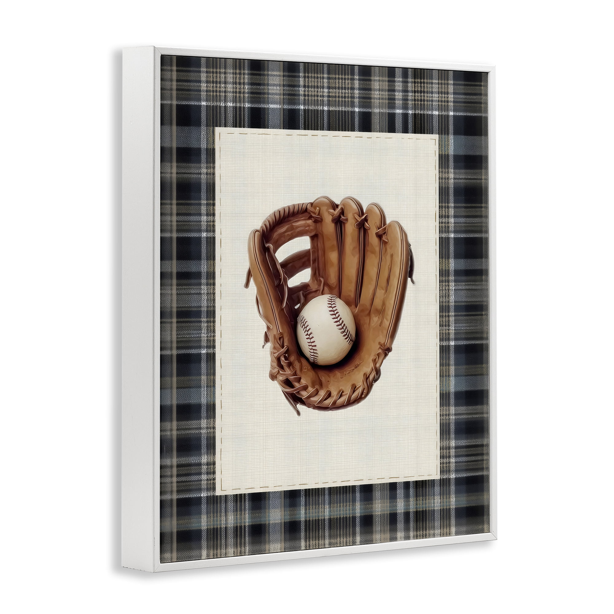 Stupell Industries Baseball Glove with Plaid White Framed Giclee Art, design by Arlington Prints