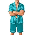 thumbnail image 2 of Resicozy Men Satin Silk Pajamas Sets Short Sleeve Sleepwear Button-Down PJs Sets Two-Pieces Loungewear with Pockets Cyan M, 2 of 6