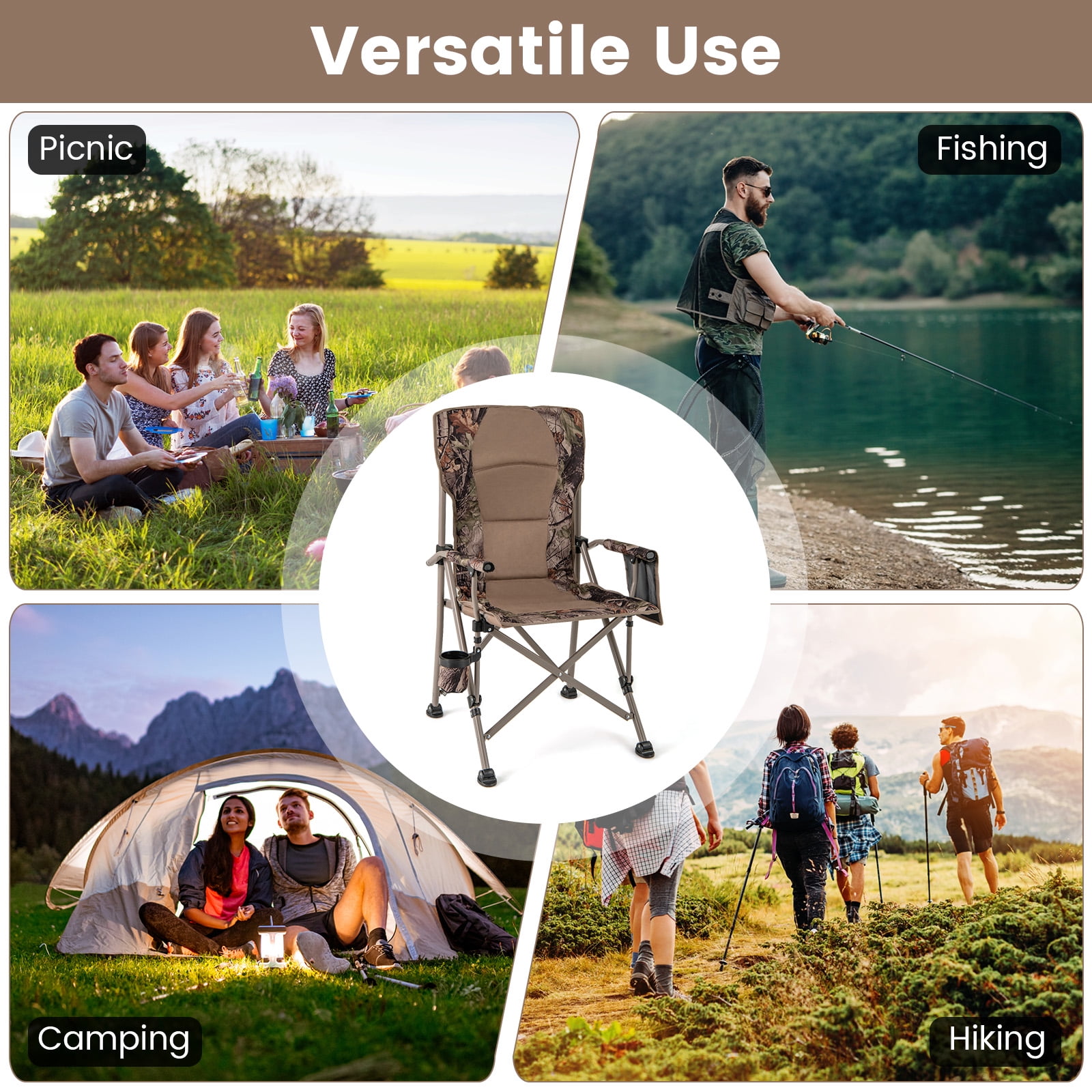 Gymax, Portable Folding Arm Chair, Brown, 400 lbs support