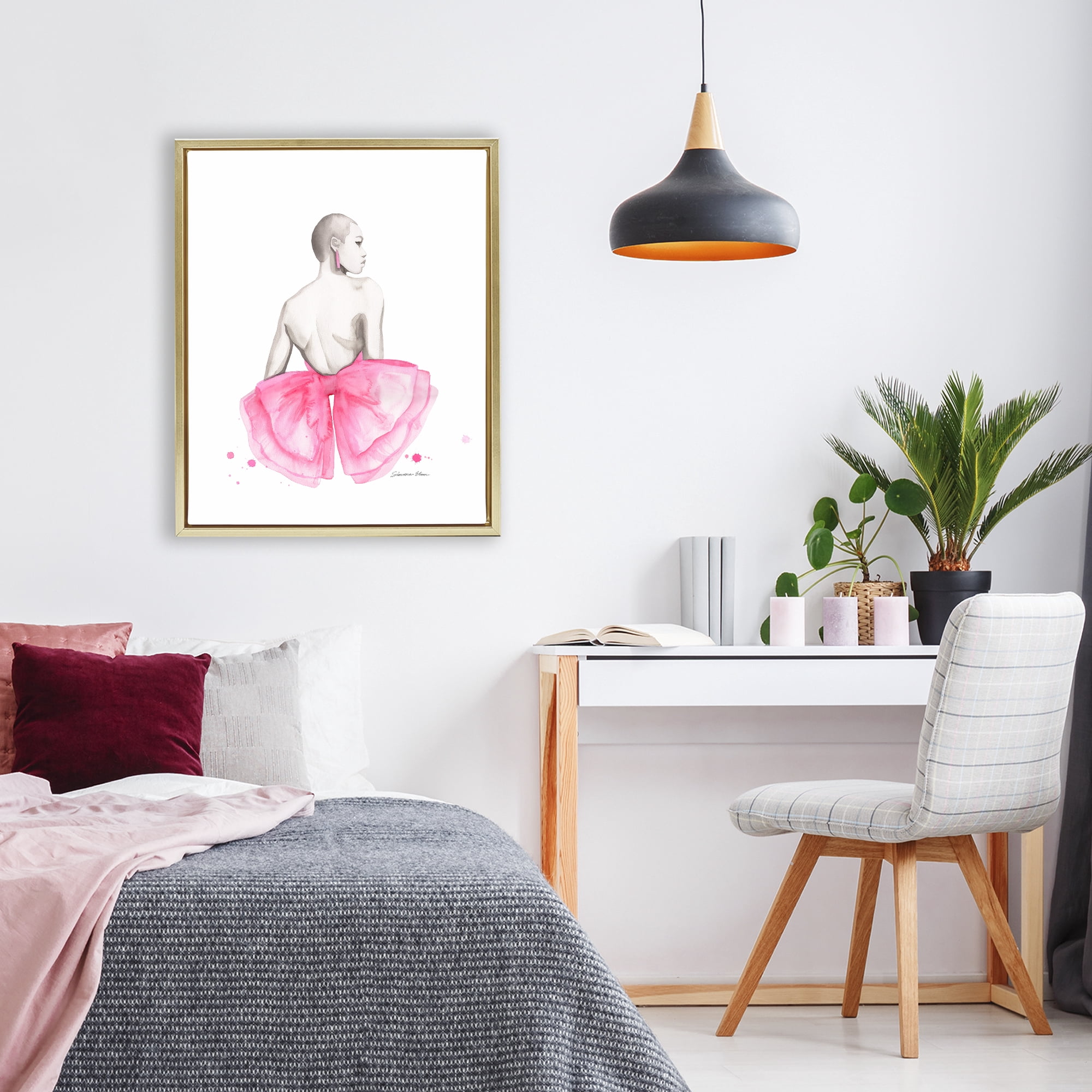 Stupell Industries Pink Bow Portrait From Behind Gold Framed Floater Canvas Wall Art, design by Simone Elum