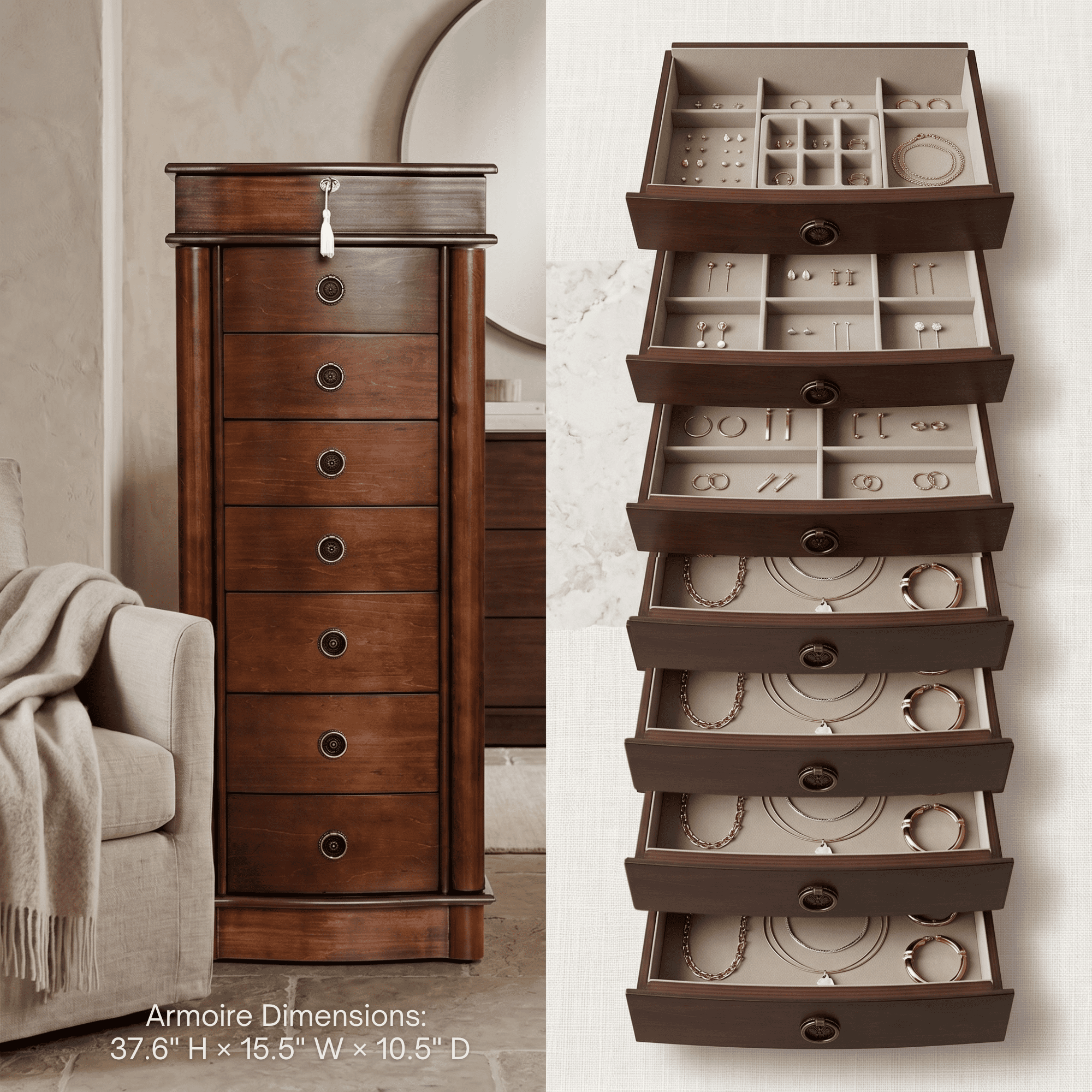Hives and Honey Nora Traditional Jewelry Armoire with Locking Compartment and Ample Storage, Walnut