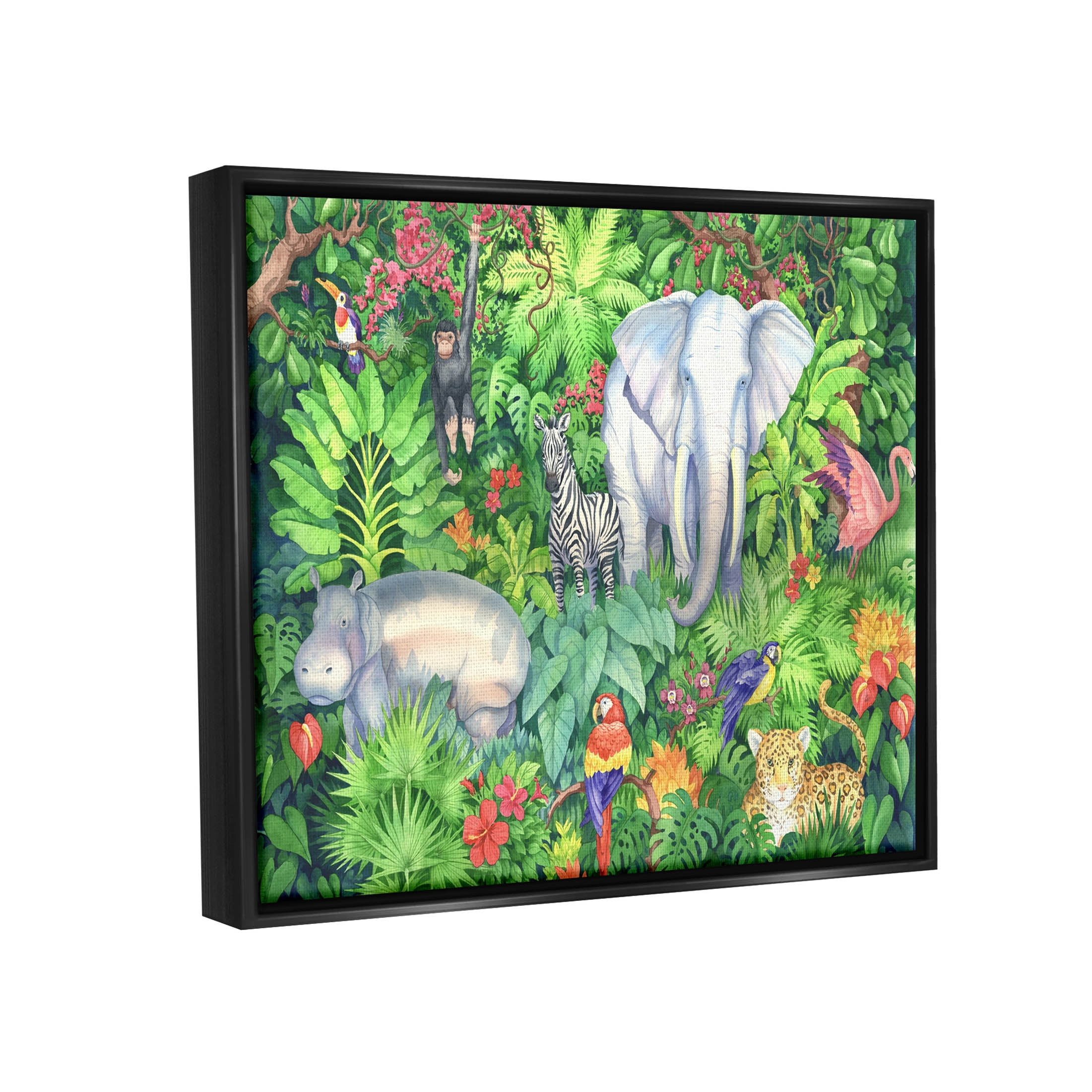 Stupell Industries Detailed Safari Animal Jungle Painting Jet Black Floating Framed Canvas Print Wall Art, Design by Paul Brent