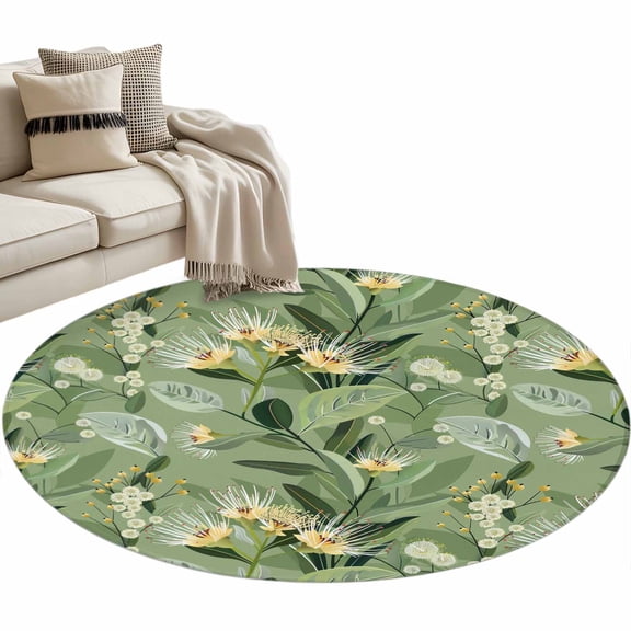 Green Summer Botanical Round Area Rug 4 FT, Non Slip Indoor Outdoor Rug, Yellow Spring Floral Washable Soft Circular Carpet Non-Shedding Floor Mat for Coffee Table Nursery Foyer Balcony
